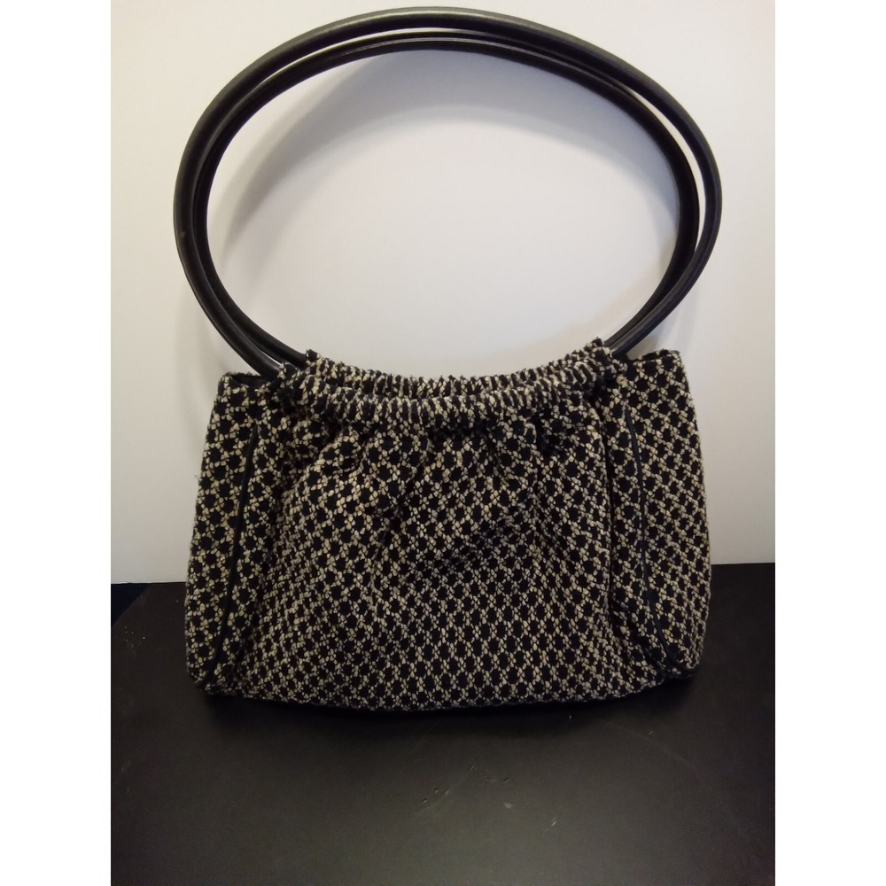 Valerie Stevens Black Cream Diamond Knit Hobo Bag Circular Handle Shoulder Purse